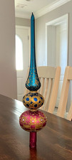 Vintage Dept 56 Glass Christmas Tree Topper Finial Blue Pink Gold picture