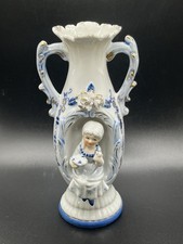Vtg Norleans Victorian Vase White & Blue with with Gold Trim Sitting Girl 7.5