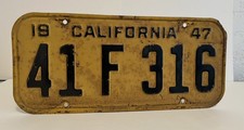 Vintage 1947 California Black on Yellow Single License Plate Number 41 F 316  picture
