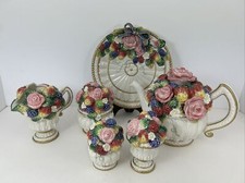 VTG 6 Pc Fitz & Floyd Strawberries & Roses Teapot Canape Plate Creamer Sugar S&P picture