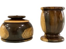 Vintage Handcrafted Turned Wood Paperweight & Matching Vase Set picture