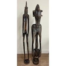 Vintage African Senufo Couple Tribal Hand Carved Wood Statues Bambara Pair 2pc picture