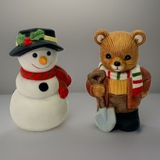 Vintage Homco #5101 Home Interior Papa Bear Shoveling & Snowman Porcelain Set/2 picture