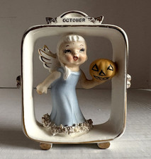 Lefton October Angel Framed Girl Figurine Spaghetti Pumpkin Halloween AR6883 picture