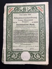1919 2,000 German Mark Bond - Free Hanseatic City of Bremen with 17 coupons picture