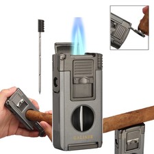 Galiner Metal Windproof Cigar Lighter 2 Jet Flame Refillable Gas Torch V-cutter picture