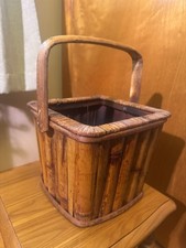 VTG Burnt Bamboo And Rattan Basket W Handle - 9x9x8” picture