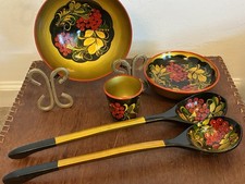 Vintage Khokhloma Style Russian Folk Art Wood Serving Set Bowls Spoons Berries picture