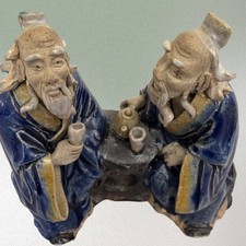 Vintage Chinese Mud Man Handmade Sages In A Tea Ceremony 3.5 Tall, 4.25 Wide picture