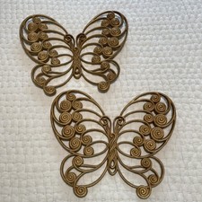 2 Vintage 1977 Burwood #1629 Butterflies MCM Wall Hanging Interior Decor Gold picture