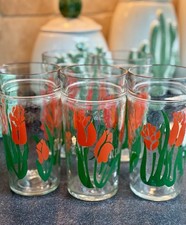 Set of 5 Vtg MCM Red Tulip Blossom Tumblers Peanut Butter Glasses 6