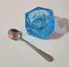 Vintage Mosser Blue Hexagon Starbust ~ Open Salt Cellar & Salt Spoon~SALE  picture