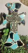 Lg Vintage Mosaic & Glass Bead Cross Brown/ Turquoise  picture