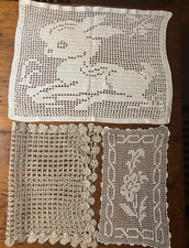 Three Vintage Linens Doiles croched - ??, One features a rabbit - size 18