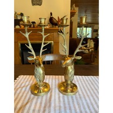 Vintage set of Solid Brass Deer/Stag Head Double-taper Candelabras, India picture