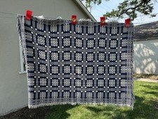 Vintage Goodwin Guild Navy and Cream Coverlet 100% Cotton Hand Woven  50