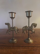 Vintage Solid Brass Carousel Horses 2 Candle Stick Holders 5