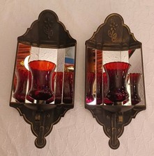 Set  2 Vtg Black Metal 3D 5 Panel Mirrored Wall Sconce Candle Holders Red Votive picture