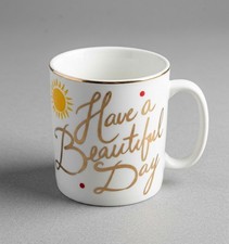 222 Fifth Have A Beautiful Day Gold Script Coffee Cup Oversized White Yellow Sun picture