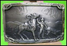 1940's Rare Near PRISTINE Cowboy Old Style Back Belt Buckle Horse with Cowboy picture