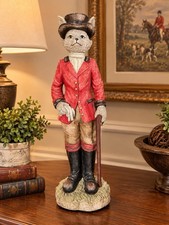Equestrian Fox Hunt Cat Statue Red Coat Top Hat 20.5in Whimsical Figure picture