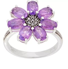 QVC Sterling Silver Amethyst & Diamond Floral Cocktail Ring Size 9 picture