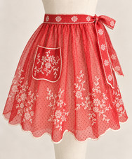 Vintage 1950s Red Sheer Organza Half Apron White Lace Pocket Hostess Christmas picture