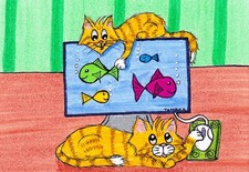 Tambra ACEO Original Art Painting Tabby Cats Fun with Computer Fish Screensaver picture