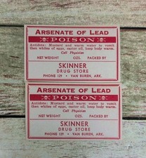 NOS 2 Vintage Arsenate of Lead Poison Label Skinner Drug Store Van Buren ARK picture