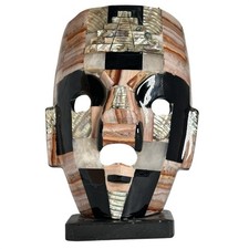 Mexican Folk Art Aztec Statue Black Obsidian Abalone Shell Inlay Carved Stone picture