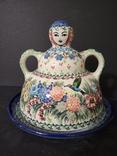Polish Pottery Butter/ Cheese Lady Dome Keeper 2pcs Unikat T. Liana With Birds& picture