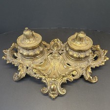 Vintage Victorian Bratt & Sons Ornate Dual Inkwell w/ Inserts Desk Set, 12.5” picture