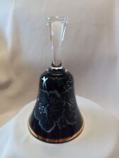 Glass Bell Hand Painted Black Flowers On Purple Bell Gold Trim Clear Handle picture
