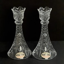 Vintage DePlomb 24% Lead Crystal Pair Taper Candlestick Holders Made In USA picture