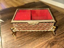 Vtg Glass Top Brass Victorian Filigree Music Jewelry Box Cherub Footed Working picture