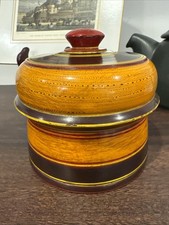 Vintage Lacquered Turned Wood Spice Box Lid Red Yellow Striped Folk Art picture