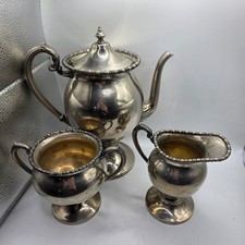Vintage Silverplate 3 Piece Tea Set Teapot Creamer Sugar Bowl Beaded Edge Footed picture