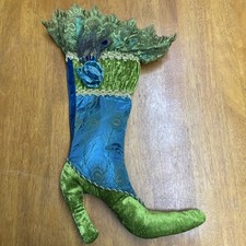 Pier 1 Christmas Stocking Victorian High Heel, Blue/ Green, peacock Velvet NEW  picture