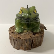 Vtg frog candle toad on block of wood 6” Wax 70’s 80’s 90s Witchy Cottagecore picture