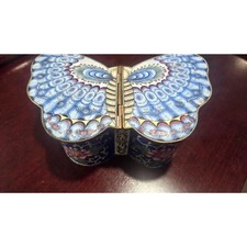 Vintage Chinese Canton Enamel Brass Butterfly Trinket Box - Dual Hinged Wings picture
