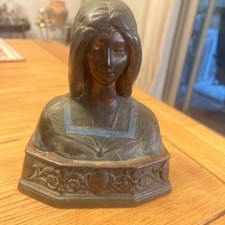 ANTIQUE POMPEIAN BRONZE COMPANY NY BUST BEATRICE SCULPTURE w/ Blue TrimBook End picture
