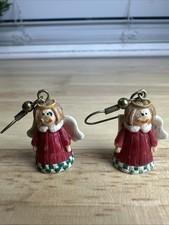 Vintage Angel Dangle Hook Earrings Holiday Christmas red dress green & white hem picture