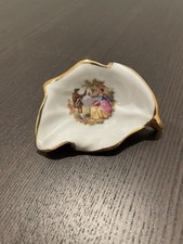 Vintage SA Porcelaine Limoges France Courting Couple Leaf Trinket Dish Blue Gold picture