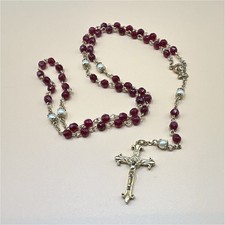 VTG Gold Tone Faceted Garnet Red Glass Rosary Pearl Accents Fleur de Lis Cross picture