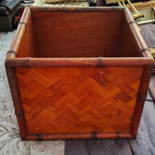 Vintage Mid Century Bamboo Rattan Planter Cube Basket Chevron Herringbone MCM picture