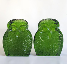 VTG Blenko Glass Emerald Green Owl Bookends Designed by Joel Myers picture