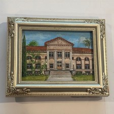 Miniature Original Painting Signed Neoclassical Library Building Ornate Frame picture