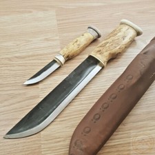 Wood Jewel Big Double Set Knife Carbon Steel Blade Curly Birch Handle w/Sheath picture