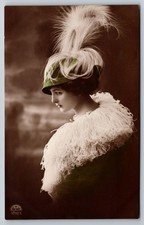 Vintage Real Photo Postcard Beautiful Woman Portrait Feather Hat RPPC Glamour picture