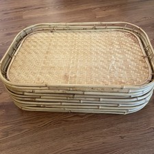 Vtg Mid-Century Bamboo & Rattan Stacking Serving Trays - Set of 10 Boho Tiki Lap picture